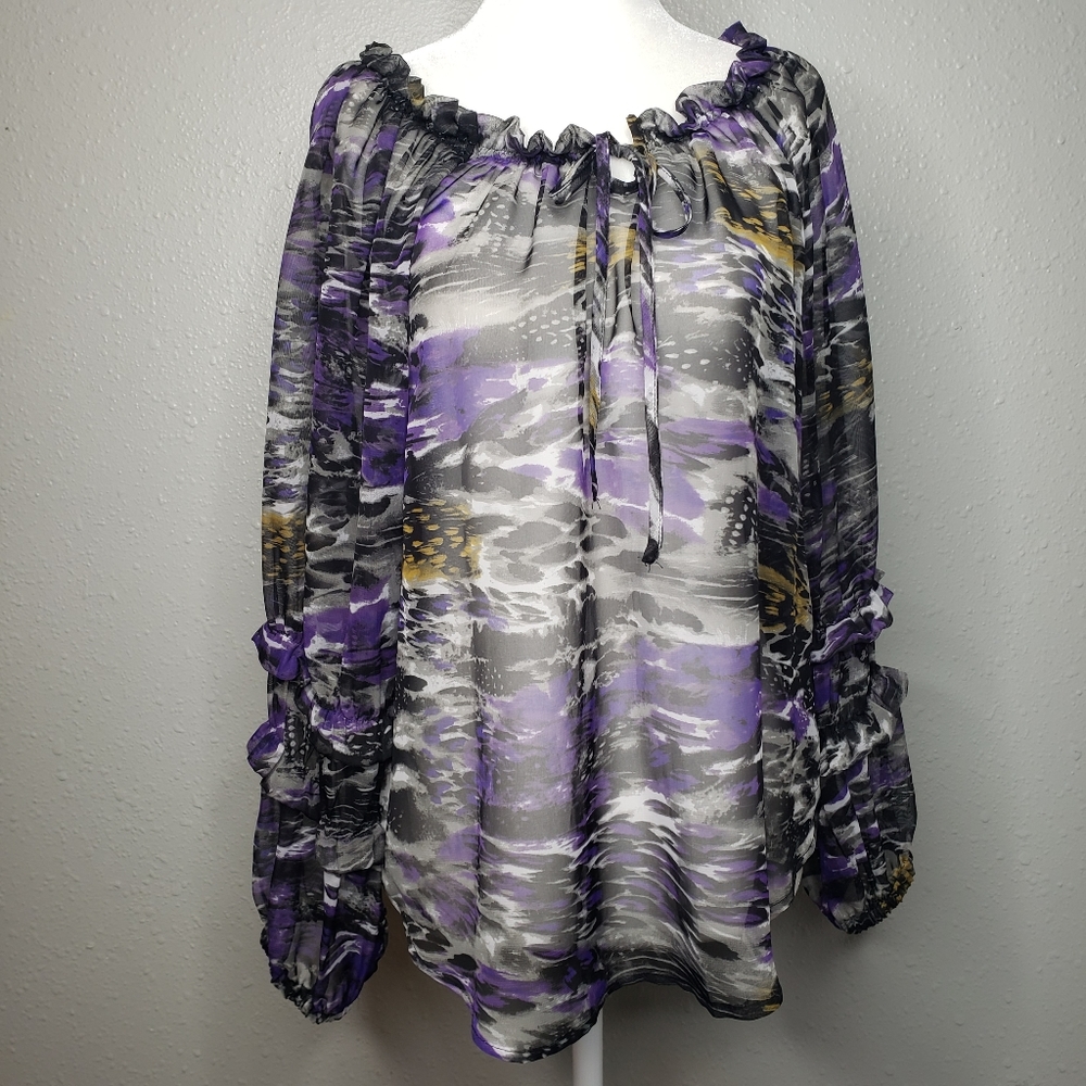 Romeo & Juliet couture sheer ruffled purple animal print blouse size small - Picture 7 of 11